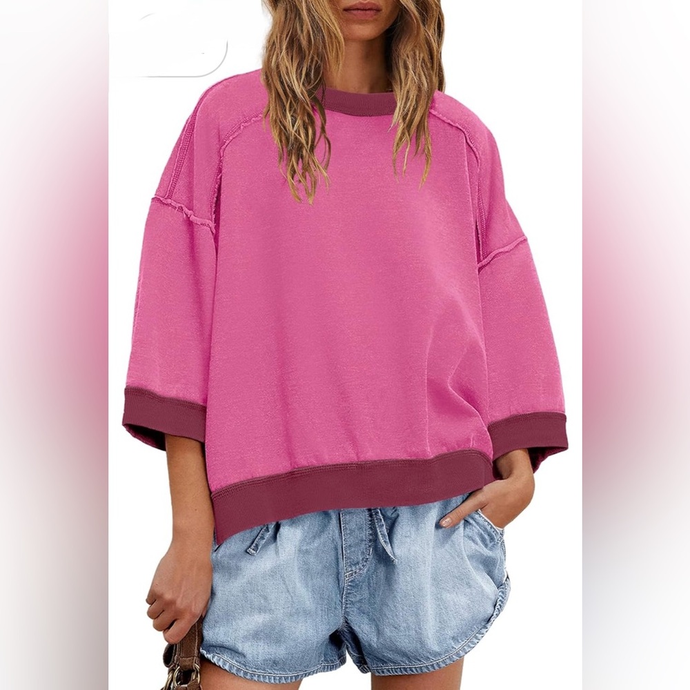 Boutique Pink Oversized Sweatshirt Plum Cuffs & Collar Trendy Seam Detail M NWT